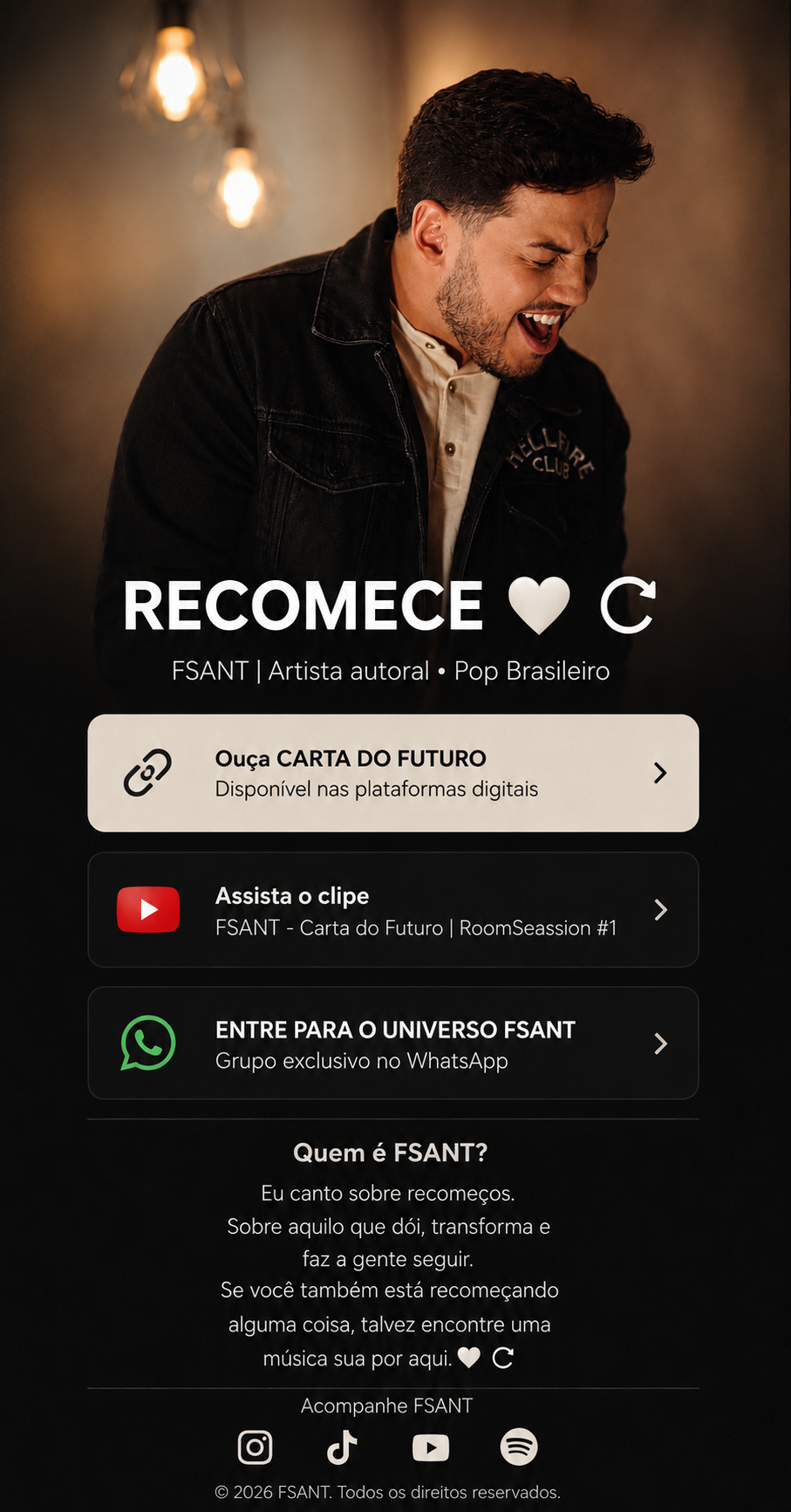FSANT — Recomece. Links para ouvir Carta do Futuro, assistir ao clipe e entrar no grupo do WhatsApp.